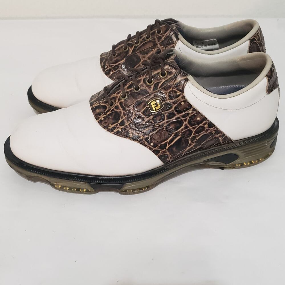 Footjoy FJ Dryjoys Tour Mens SIZE 7.5M Golf Shoes 53754 White Brown Lizard - Picture 4 of 16